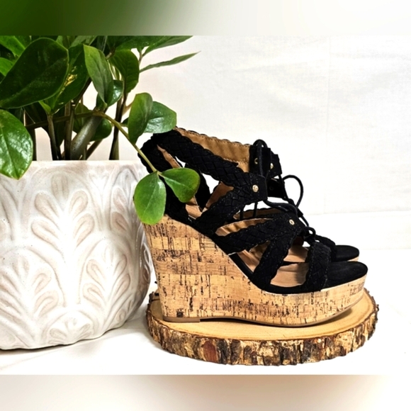 Qupid Black Cork Wedge Lace-Up Sandals Size 7 - Picture 3 of 4